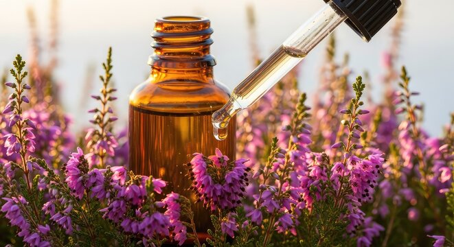 Amber glass bottle with a glass pipette dropper dispensing a single liquid drop above purple heather wildflowers in soft golden sunlight, blooming, therapy, meadow