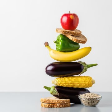 An artistic vertical stack of fresh fruits, vegetables, and whole grains arranged like a zen stone tower on a clean minimalist surface, plate, vegetable, culinary