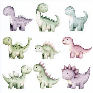 A delightful collection of watercolor baby dinosaur illustrations featuring friendly expressions and unique designs isolated on white background