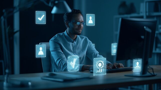 Man working on computer with digital icons floating around