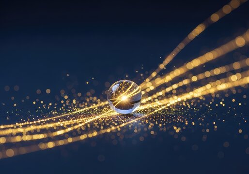 An elegant dark blue background features shimmering golden light streaks and glowing particles, creating a sophisticated and luxurious mood, sparkle, background, luxurious
