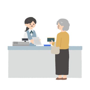 医療機関や薬局の窓口で会計をするスタッフと高齢女性のイラスト / Medical Reception Staff Assisting an Elderly Woman with Payment and Explanation at a Clinic or Pharmacy