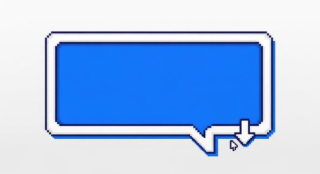 A pixelated blue dialogue window with a thick white border features a small animated arrow at the bottom corner for scrolling information, dialogue, nostalgia, rectangular