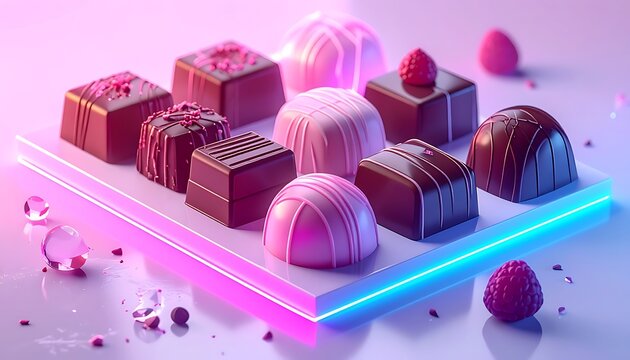 Colorful assorted chocolates on neon plate.