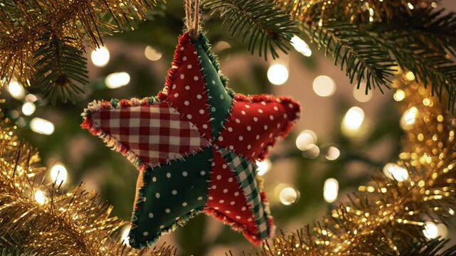 Handmade quilted star Christmas ornament hanging on a festive Christmas tree with twinkling lights