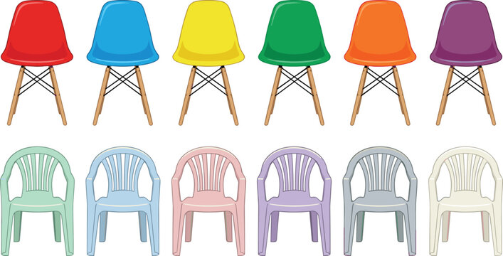 Modern Mid Century and Plastic Garden Chairs Colorful Vector Icon Set for Furniture Catalogues and Interior Design Illustrations