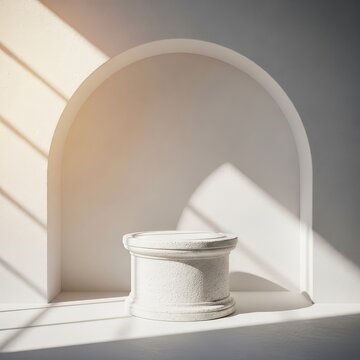 Elegant stone podium stands centered beneath a soft plaster arched niche, illuminated by glowing natural sunlight with subtle long shadows, simple, stone, arch