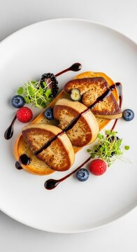 Elegant top view of seared foie gras served on golden brioche with balsamic glaze, fresh berries, and microgreens on a ceramic plate, ceramic, ingredient, meal