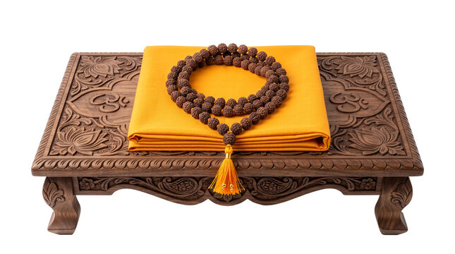 Traditional carved wooden meditation seat with a folded yellow cloth and a rudraksha mala bead necklace, isolated on a transparent background