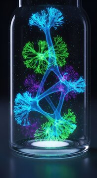 Extreme close-up of microscopic bioluminescent structures interacting inside a sleek laboratory vessel, showcasing a revolutionary advancement, medicine, microbiology, organism