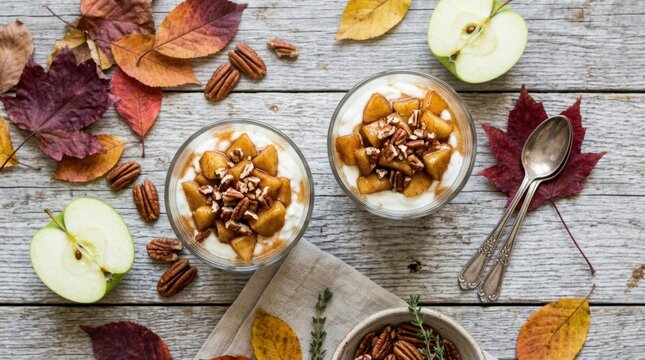 Healthy Autumn Apple Cinnamon Yogurt Parfait with Toasted Pecans in glasses on a rustic wooden table with maple leaves and fresh green apples flat lay