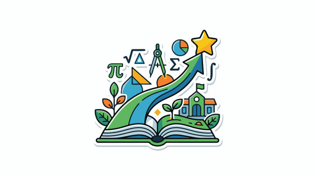 Open book with mathematical symbols and green arrow leading to star