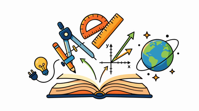 Open book with math tools globe and lightbulb symbolize learning and discovery