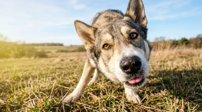 Playful mixed breed dog with brown eyes and grey fur explores a sunny autumn field at low angle looking directly into the camera lens with its tongue out for a fun and engaging pet portrait shot