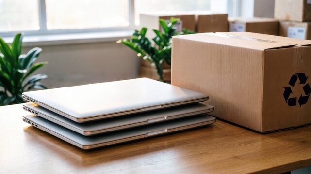 Stack of silver laptops next to a recycling cardboard box on a wooden desk. Space for text.