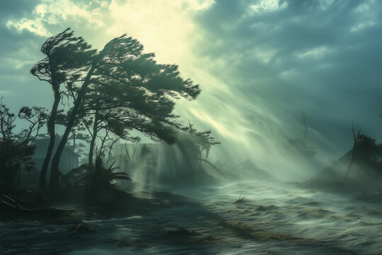 A dramatic landscape showing strong wind bending pine trees on a rocky coast under an ominous dark stormy sky with rough sea waves