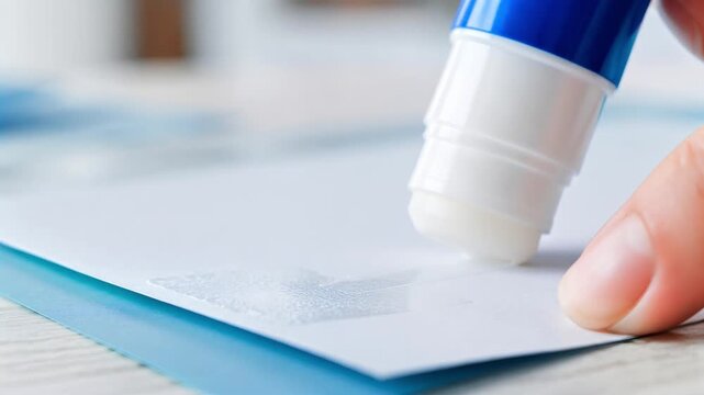 Hand applying glue stick on white paper while working on craft project  
