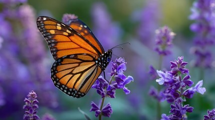 Obraz premium A monarch butterfly perched gracefully on a purple lavender flower in a lush garden, with the butterflyâ€™s wings fluttering slightly in the breeze.