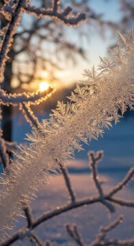 Intricate ice crystals spread across a window pane, framed by frozen branches as soft golden dawn light illuminates the winter scenery, intricate, transparency, morning