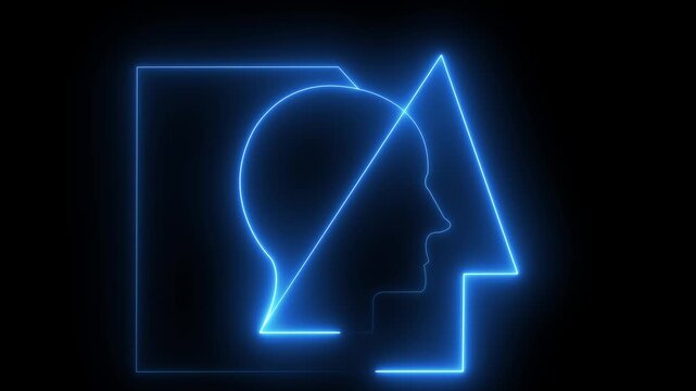 Futuristic neon human face geometry animation representing artificial intelligence.