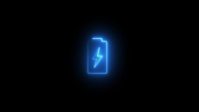 Glowing blue neon battery charging icon on black background.