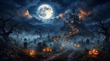 Obraz premium Halloween Night Background with Haunted Castle Pumpkins Full Moon and Graveyard