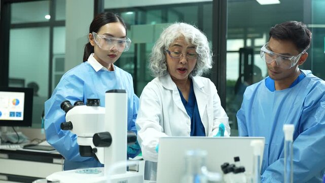 Professional ecologists testing wastewater purity using scientific equipment in sterile cleanroom, environmental sustainability concept.