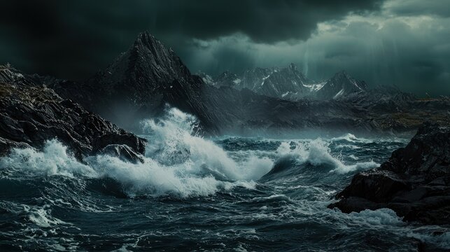 A powerful ocean scene with enormous waves crashing against jagged rocks under a dark, moody sky.