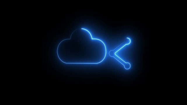 Animated neon blue cloud storage and data sharing symbol flashing.