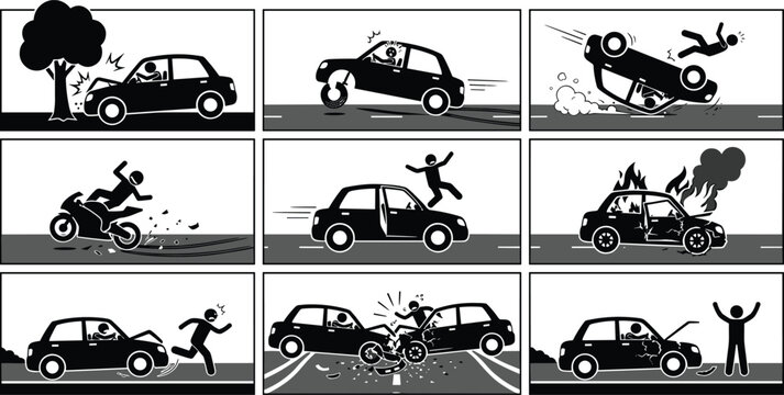 Car accident and traffic collision stick figure icon set with tree crash rollover fire motorcycle wreck and roadside emergency vector illustration