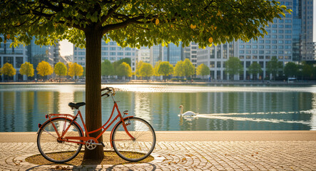 Fototapeta premium Vintage orange bicycle parked under a tree by a city lake. A white swan swims in the water with modern buildings in the background. Eco-friendly urban lifestyle concept for sustainable travel.