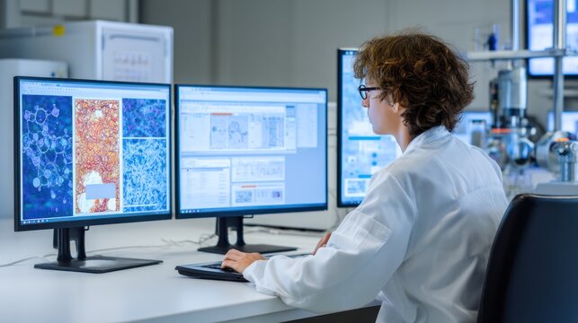 A researcher in a lab using a powerful computer for scientific simulations, with scientific computing software on the screen.