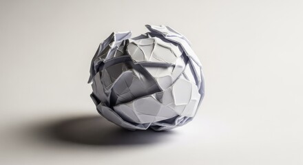 Fototapeta premium A single crumpled white ball of paper sits isolated on a clean white background, showcasing detailed textures, shadows, and folded creases, idea, blank, sheet
