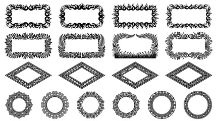 Fototapeta premium Collection of ornate frames and borders. Various decorative illustrations for design. Graphic elements for artistic projects.