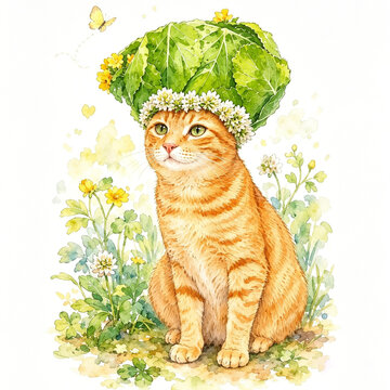 Cute Orange Tabby Cat Wearing a White Blossom Flower Crown and Floral Cloak Illustration Isolated on White Background