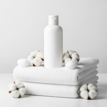 Minimalist white cosmetic bottle mockup placed on a stack of soft clean towels with fluffy cotton balls for a serene spa skincare display, soft, professional, pure