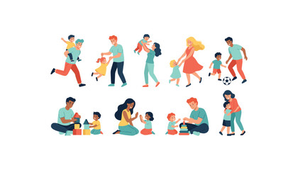 Fototapeta premium Happy parents playing with kids including mothers fathers daughters and sons flat vector illustration collection isolated on white background.
