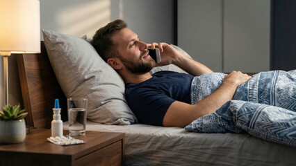 Fototapeta premium Man comfortably resting in bed, talking on a smartphone, with medicine and water on his nightstand.