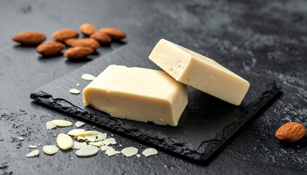 Marzipan and almonds: A slate board topped with sweet marzipan paste, whole almond nuts, and almond flakes on dark.