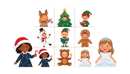 Cute kids in festive Christmas costumes including snowman elf reindeer gingerbread and princess vector illustration set isolated on white background. © Ruma