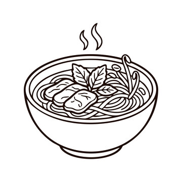 Hot Vietnamese pho beef noodle soup bowl with herbs and bean sprouts hand drawn vector icon illustration for creating comforting authentic Asian dining concepts