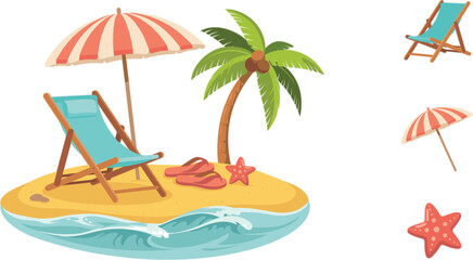 Tropical Island Summer Beach Chair And Umbrella Vector Elements Set © Hossain