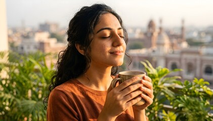 Fototapeta premium Young Woman Enjoying Morning Coffee with City View on Balcony