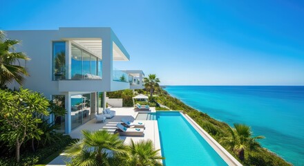 Fototapeta premium A stunning white architectural villa overlooks the turquoise sea with a clear infinity pool, lush greenery, and bright summer sunlight, landscape, elegant, water