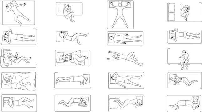 Line Art Collection of Human Sleeping and Resting Positions on Beds Showing Diverse Postures and Relaxation Habits