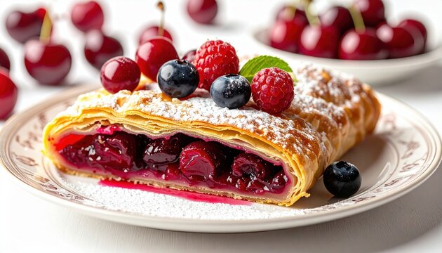Cherry strudel plate: Close-up of a porcelain plate served with a tasty cherry strudel slice and fresh berries on white.