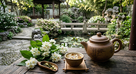 Fototapeta premium Serene outdoor garden scene with water feature, flowers, and traditional pottery