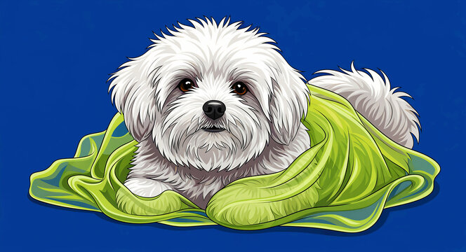 White fluffy dog wrapped in a lime green blanket on blue background. Cute puppy illustration showing a Maltese or Bichon Frise style pet in a cozy wrap. Adorable pet care concept for animal marketing.
