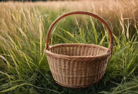 empty wicker basket in grassy field with warm natural light