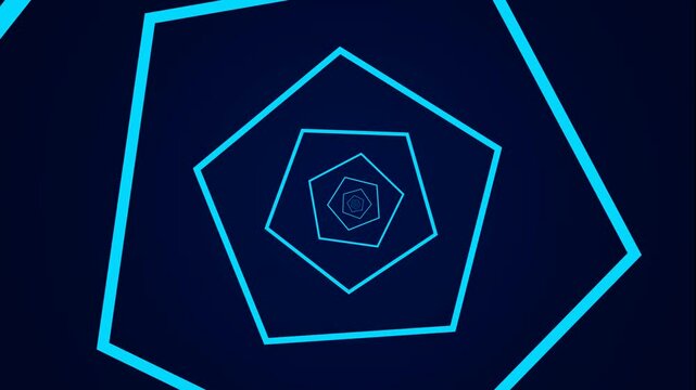 Neon blue pentagonal tunnel motion background, abstract geometric infinite zoom loop for digital presentations and tech